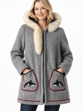 Vintage 1970s James Bay Gray Wool Coat Fur Hood Orca Pockets Size 18 Pure Wool